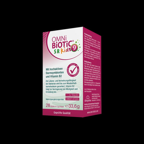 Eine Packung OMNi-BiOTiC SR-9 Kids, 28 Direkt-Sticks à 1,2 Gramm